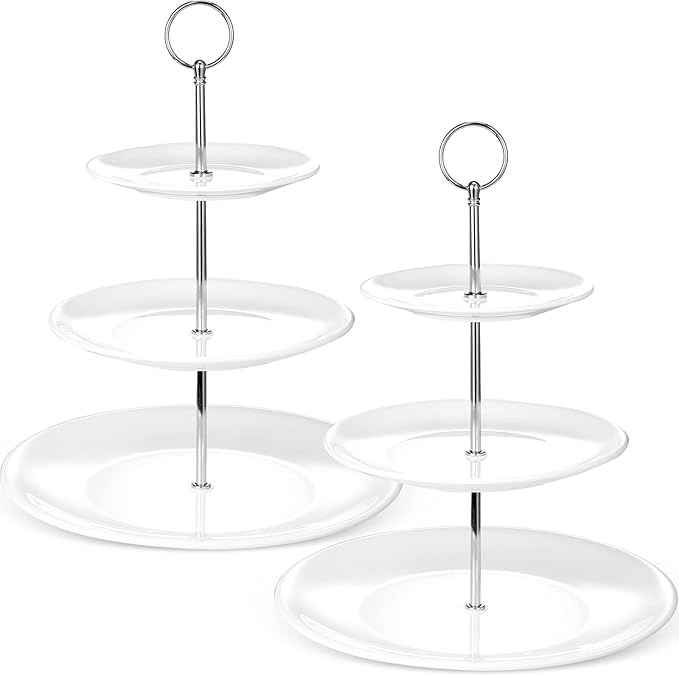 Tatuo 2 Pcs 3 Tier Porcelain Cupcake Stand, Cup Cake Holder Tower, Pastry Serving Elegant Dessert White Ceramic Tiered Stand for Wedding, Birthday, Tea Party(Delicate Round Shape)