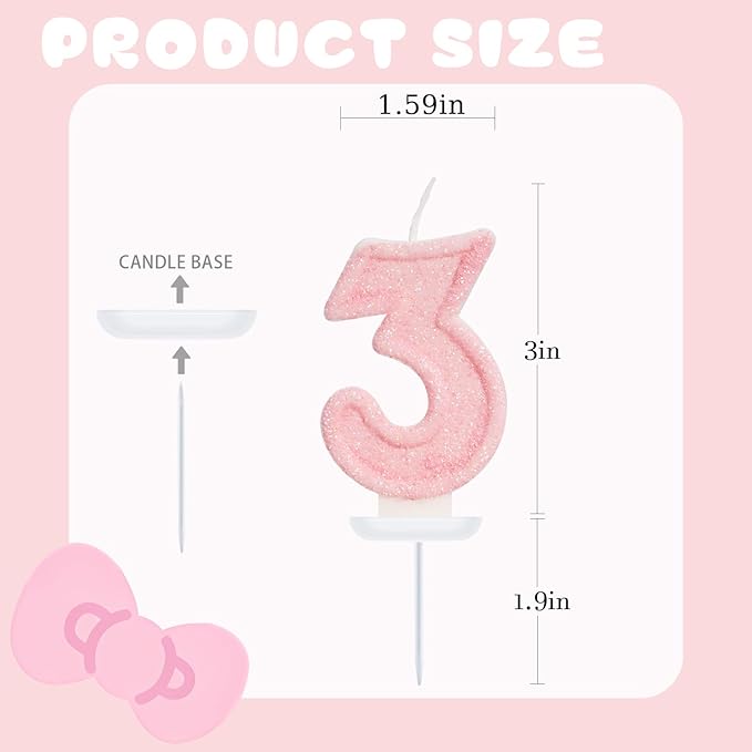 Pink Birthday Candles - Number 3 Candle for 3rd Birthday Decorations for Girls, Sweet Theme Ice Cream Birthday Party Decorations