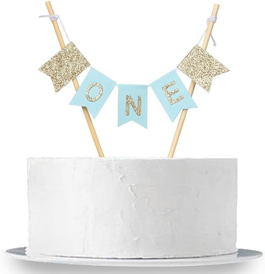 Handmade “ONE” Birthday Cake Topper - Baby Shower, 1st First Birthday Cake Bunting for Baby Boy Party Supplies