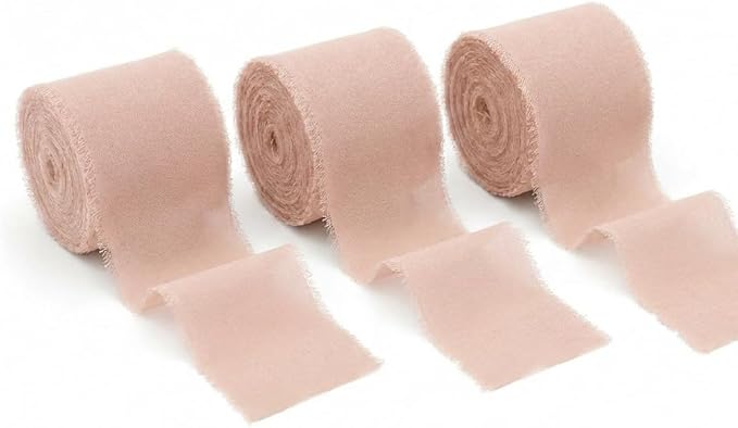 Handmade Chiffon Ribbon 1.5 Inch Wide, 3 Rolls 21 Yards, Blush Pink Frayed Edge Fabric Ribbon for Romantic Wedding Accents, Floral Styling & Gift Presentation(Blush Pink)