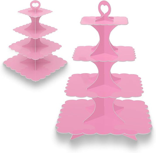 2 Pack 4-Tier Square Pink Cupcake Stand, Cupcake Tower for Theme Parties,Wedding,Birthday,Baby Showers Durable Cardboard Tiered Dessert Holder with