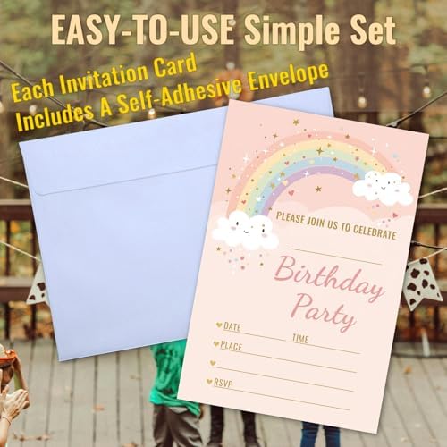 Pink Gold Rainbow Cloud Star Birthday Party Invitations