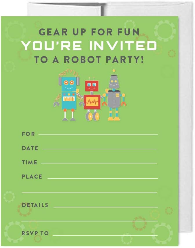 Andaz Press Robot Birthday Collection, Blank Invitations with Envelopes, 20-pack