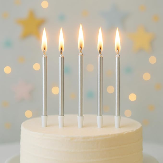 by Tugba Aydan Silver Birthday Candles, 24 Pack, Long Thin Metallic Cake Candles with Holders, Elegant Silver Candles for Cakes, Cupcakes & Parties