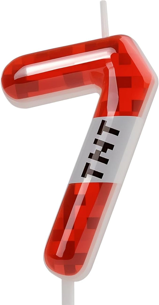 TNT Themed Birthday Candles for Boys Girls, Craft Pixels Cake Topper,Number 7 TNT Cake Toppers，Pixel Birthday Cake Candle,Kids Themed Birthday Party Supplies (Number 7)