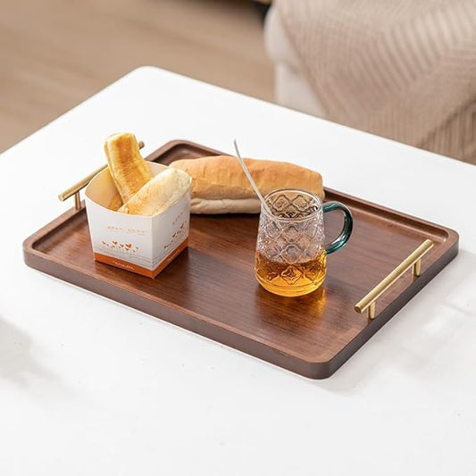 XZHXFX Bamboo Serving Tray with Gold Handles, Food Tray for Breakfast,Coffee Table,Dinner & Bar, Decorative Tray for Kitchen, Bedroom (Large)