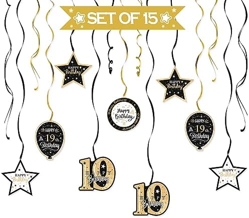 Happy 19th Birthday Black & Gold Glitter Swirls Streamers Party Decorations - 15 Pcs 19th Birthday Hanging Swirls Streamers Kit,Cheers to Nineteen Years Old Bday Party Sign.
