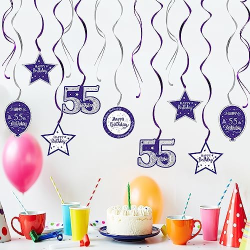 Happy 55th Birthday Purple & Silver Glitter Swirls Streamers Party Decorations - 15 Pcs 55th Birthday Hanging Swirls Streamers Kit,Perfect for 55th Bday Party Sign.