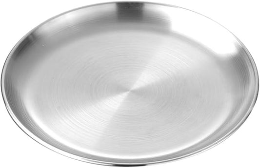 14.2in Round Silver Serving Tray, Stainless Steel Decorative Metal Tray for Coffee Table, Vanity, Perfume, Jewelry, and Entryway Catchall Organizer