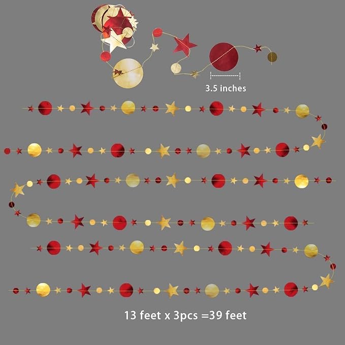 Cheerland Maroon and Gold Party Decorations Red Gold Scarlet Star Circle Garland Hanging Dots Streamer Red Decorations for Chinese New Year Graduation Birthday Anniversary Wedding Bridal Shower Party