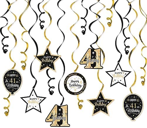 Happy 41st Birthday Black & Gold Glitter Swirls Streamers Party Decorations - 15 Pcs 41st Birthday Hanging Swirls Streamers Kit,Perfect for 41st Bday Party Sign.