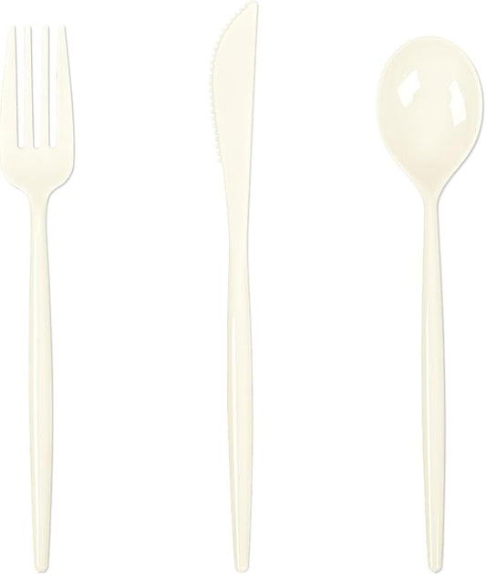 Supernal 180pcs Plastic Silverware Heavy Duty Ivory Plastic Utensils Cutlery Disposable Beige Party Silverware Include 60 Forks,60 Knvies,60 Spoons Disposable Cutlery for Party,Wedding,New Year