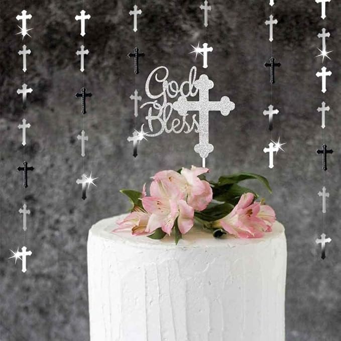 52.5FT Cross Garlands, Sliver Christ Cross Hanging Decor, Ceiling Hanging Decoration for Easter Baptisms Christening Wedding Baby Shower