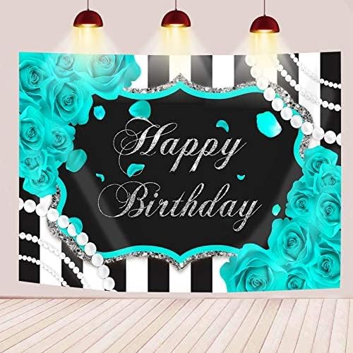 Mocsicka Silver Turquoise Floral Birthday Backdrop for Girl 7x5ft Black and White Stripes Teal Background Quinceanera 15th Birthday Party Decoration (5x3ft (60x36 inch))