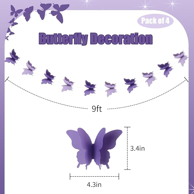 Butterfly Decorations, Purple Butterfly Decorations for Wedding Baby Shower Birthday Party Decorations Purple/Lavender Pack of 4, 10001