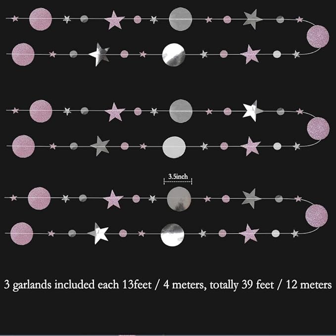 Decor365 Silver Pink Star Garland Decorations Twinkle Little Star Birthday Baby Shower Graduation Party Decor Banner Moon Stars Starry Night Galaxy Planet Celestial Theme Backdrop