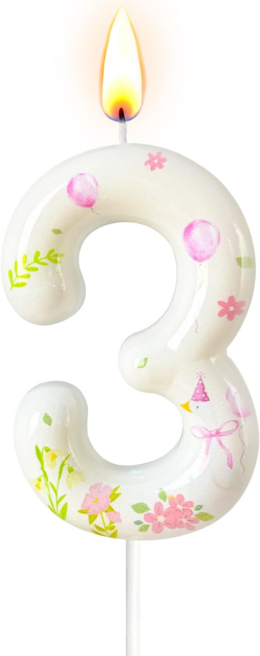 Number 3 Birthday Candle for Cake – Goose Inspired Design with Floral, Balloon & Leaf Details – Farm Theme Cake Topper for Birthday Party Decoration