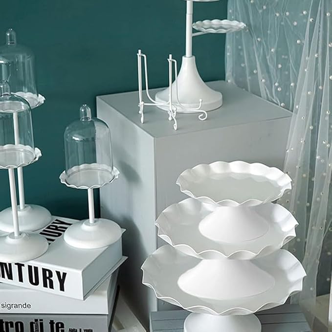 3 Pcs Metal Cake Stand Set, Scalloped Edge Cupcake Tray Dessert Display Platter, Decorative Serving Stand for Wedding, Birthday, Tea Party,Baby Show (White)