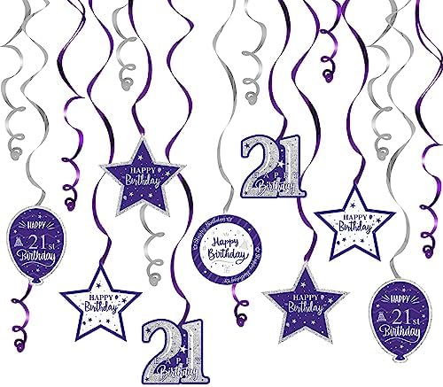 Happy 21st Birthday Purple & Silver Glitter Swirls Streamers Party Decorations - 15 Pcs 21st Birthday Hanging Swirls Streamers Kit,Perfect for 21st Bday Party Sign.