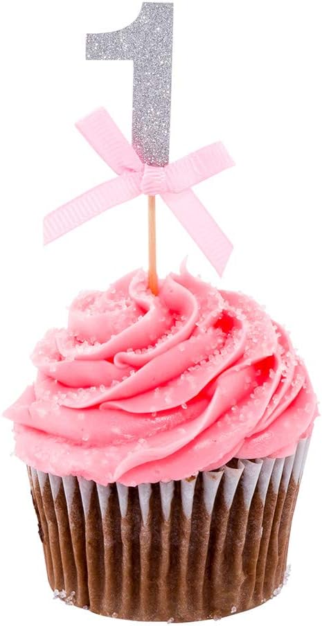 Restaurantware-3.5 x 1.5 Inch Cupcake Toppers, 100 Glitter Number 1 Cake Toppers - With Bow, For Parties, Anniversaries, Or Baby Showers, Silver Paper Birthday Cake Toppers, Pastry Decorations