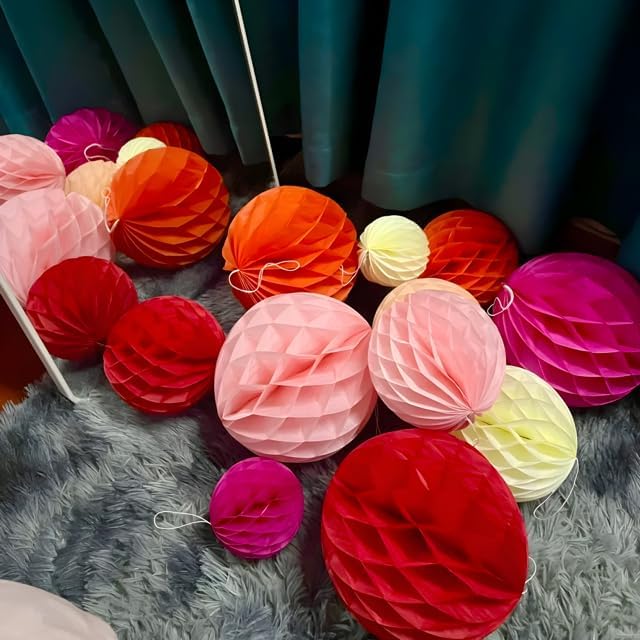 16 Pack Tissue Paper Honeycomb Balls, Poms Birthday Baby Shower Wedding Decorations (Red Green Shade)