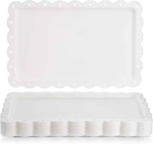 Peohud 12 Pack White Plastic Serving Tray with Lace Rim, Rectangle Food Trays, Disposable Serving Platters and Trays for Party, Wedding, Restaurant, 14.4" x 9.3"