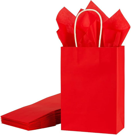 SUNCOLOR Red Gift Bags with Tissue Paper, 24 Pack Small Kraft Paper Shopping Bags with Handles, 7.9x5.12x3.15 Inches, for Christmas, Valentine's Day, Birthdays, Anniversaries