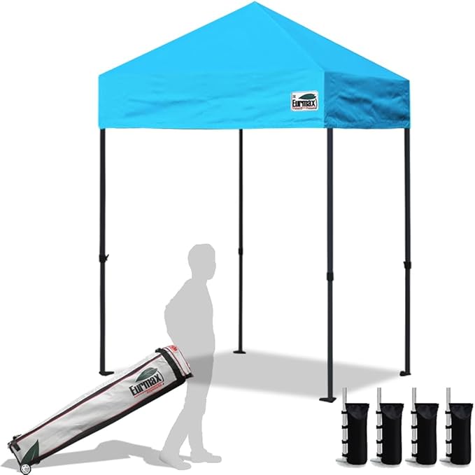 Eurmax USA 5x5ft Pop Up Canopy, Commercial Instant Tent for Outdoor Events, Patented No-Tip Rolling Storage Bag with 4 Sandbags, UV & Water Resistant, Heavy Duty Portable Shelter Gazebo,Sky Blue
