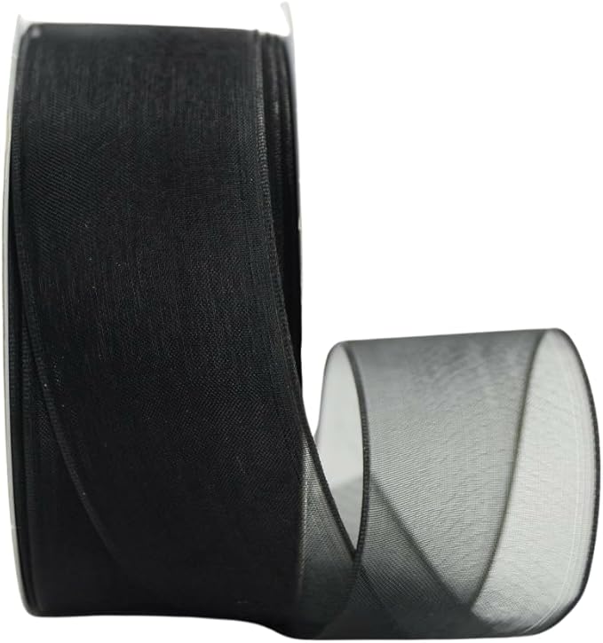 Ribbon Bazaar Sheer Organza Wired Ribbon - Wire Edged Ribbon for Floral Decor, Table Arrangements, Apparel Embellishment & More - 1-1/2" Black 25yd Spool
