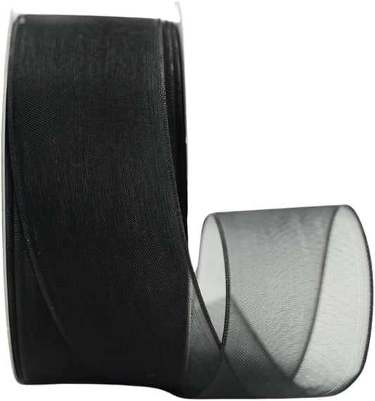 Ribbon Bazaar Sheer Organza Wired Ribbon - Wire Edged Ribbon for Floral Decor, Table Arrangements, Apparel Embellishment & More - 1-1/2" Black 25yd Spool