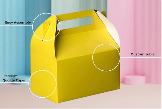 Hammont Candy Boxes Party Favors - 10 Pack Paper Gable Boxes – Mario Birthday Party Supplies Treat Box for Goodies & Gifts - Two Sweet, Themed Birthday Bag Favors - 6.25" X 3.75" X 3.5" (Yellow)