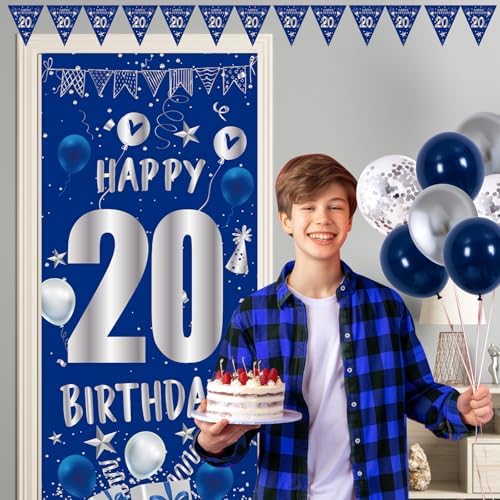 20th Birthday Decorations for Men Boys, Blue 20 Year Old Party Supplies