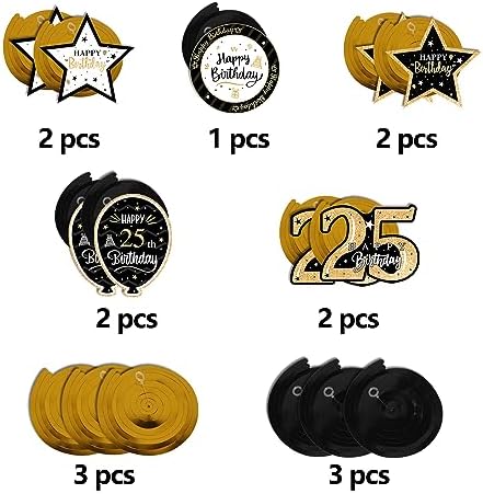 Happy 25th Birthday Black & Gold Glitter Swirls Streamers Party Decorations - 15 Pcs 25th Birthday Hanging Swirls Streamers Kit,Perfect for 25th Bday Party Sign.