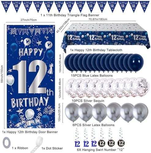 Blue Silver 12th Birthday Decorations for Boys Girls