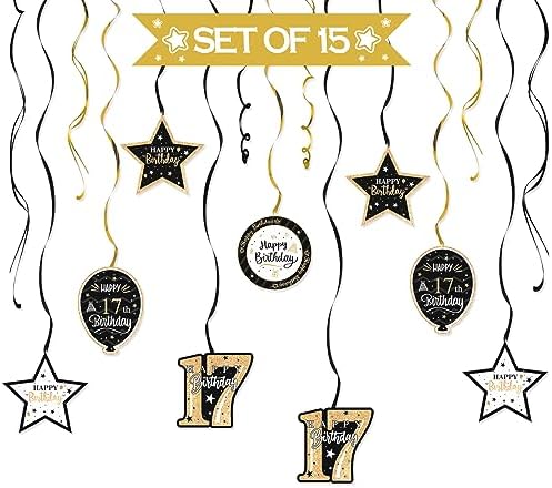 Happy 17th Birthday Black & Gold Glitter Swirls Streamers Party Decorations - 15 Pcs 17th Birthday Hanging Swirls Streamers Kit,Cheers to Seventeen Years Old Bday Party Sign.