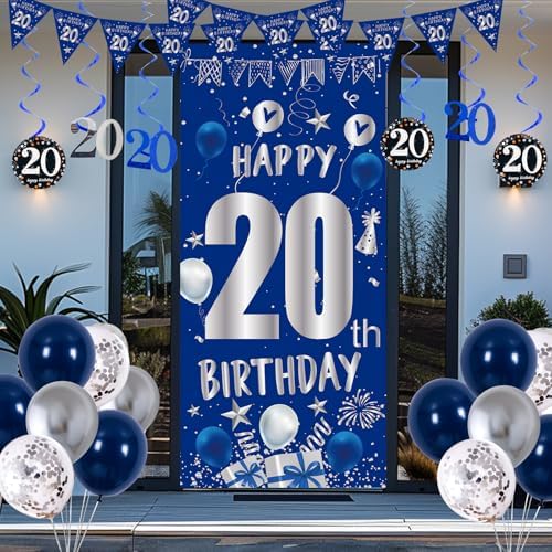 20th Birthday Decorations for Men Boys, Blue 20 Year Old Party Supplies