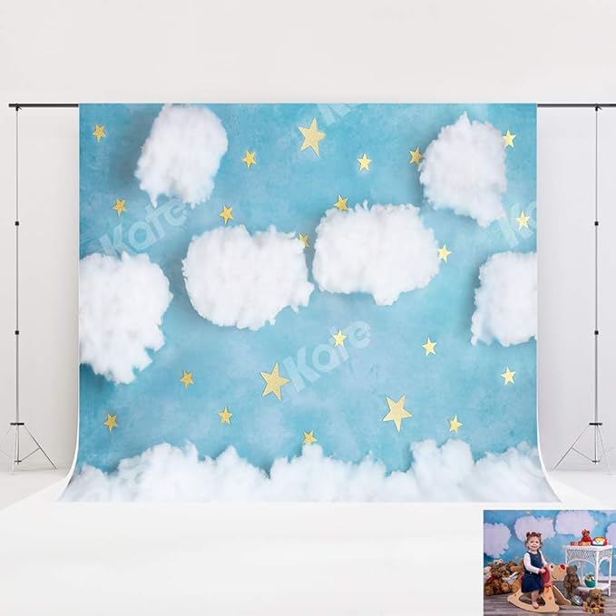 Kate 7x5ft White Clouds Backdrop Blue Sky Video Backdrop Star Photography Backdrop Birthday Backgrounds Newborn Photography Prop