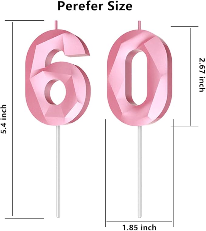 Number Birthday Candles(60 Candle Pink) 3D Diamond Shape 60th Happy Birthday Cake Topper Decorations for Women Men Birthday Wedding Anniversary Celebration Theme Party Supplies