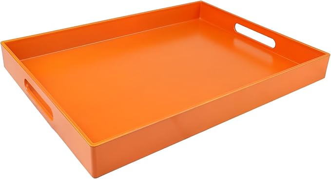 Ornage Serving Tray for Coffee Table, Rectangular Plastic Decorative Tray with Handles for Entertaining, Outdoor Patio, Living Room, Ottoman, Bathroom Counter, 11.8”*15.7”*1.6”