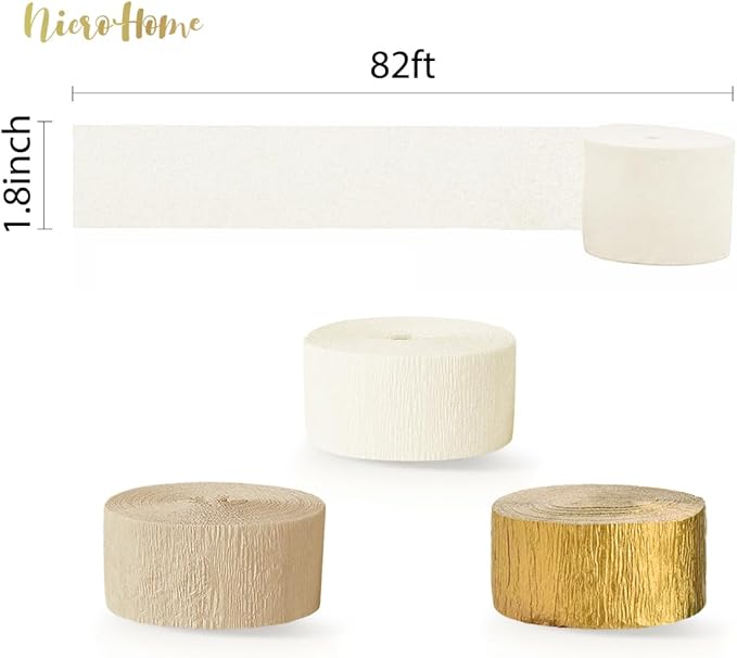 NICROHOME EUR Wedding Decorations, 6 Rolls Ivory White Gold Light Brown Crepe Paper Streamers for Bridal Shower, Birthday Party, Golden Engagement Party, New Year Decorations 82 Ft Long