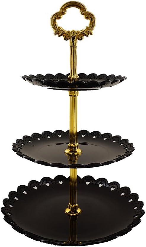 Artliving 3-Tier Plastic Cake Stand Dessert Stand Cupcake Stand Tea Party Serving Platter Black Gold