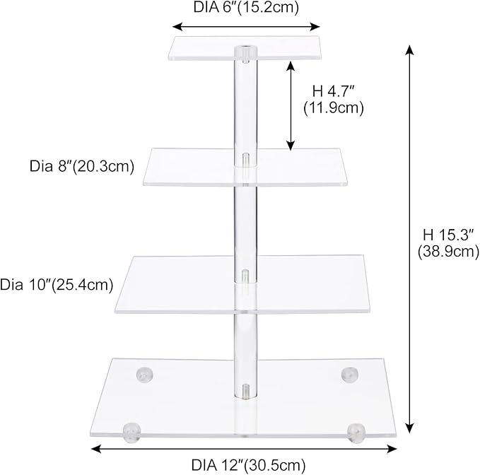 AMEITECH Cupcake Stand with Base, 4-Tier Square Acrylic Cupcake Display Stand Dessert Tower Pastry Stand Premium Cupcake Holder for Wedding Birthday Theme Party - Transparent