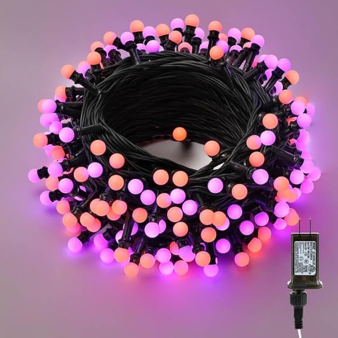 ODEETRONIC Halloween Lights, 65.6ft 200 LED Purple & Orange Globe String Lights, Connectable Berry String Lights, 8 Modes Ball Lights with Timer, Outdoor Halloween Lights for Graden Tree Party Bedroom