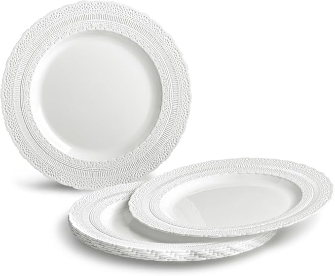 OCCASIONS 50 Disposable Plastic Plates for 25 Guests - Heavy Duty Wedding Party Plate Set, 25 x 11" Dinner + 25 x 8.25" Dessert, Looks Like Real China, Elegant Fancy Reusable, BPA Free (Chateau White)