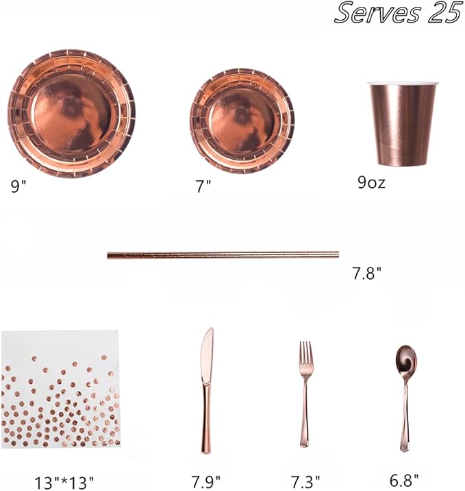 200 Pieces Solid Rose Gold Party Supplies - Rose Gold Paper Plates & Napkins Cups Silverware Serves 25 Sets for Wedding Bridal Shower Engagement Birthday Parties (Rose gold)