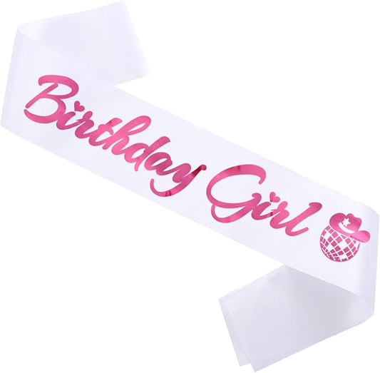 Birthday Girl Sash, Disco Cow Birthday Sash for Cowgirl Funny Birthday Gift Ideas Suppiles, White+ Pink Foil