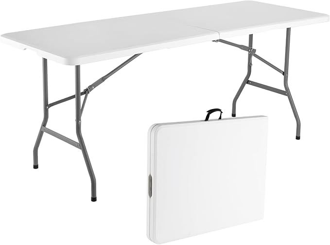 Folding Table 6ft, Portable Fold-in-Half Utility Table with Cloth for Party, Camping, Picnic, Banquet, Card, Wedding, Kitchen, BBQ - White