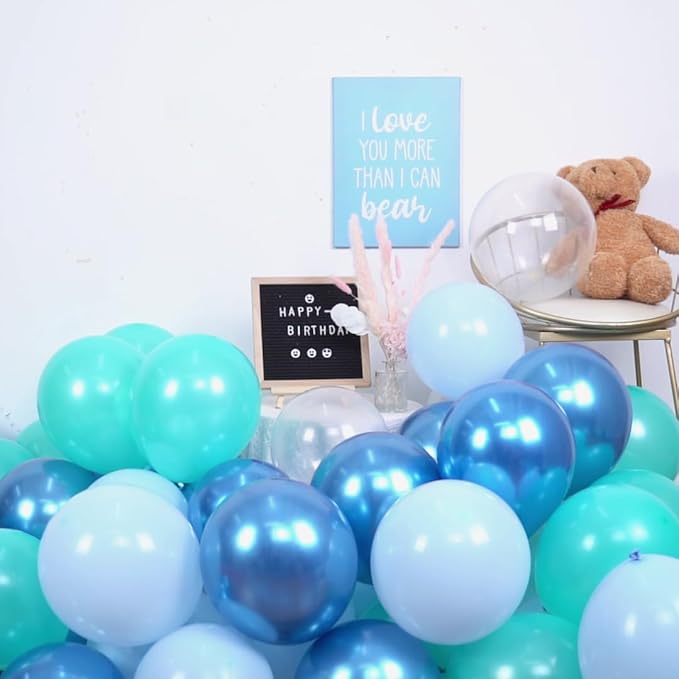 Teal Blue Balloons, 60 PCS Turquoise Blue Balloons with Transparent Metallic Blue Balloon, Pastel Baby Blue Pearl Teal Balloon for Ocean Shark Sea Beach Mermaid Theme Party Decorations
