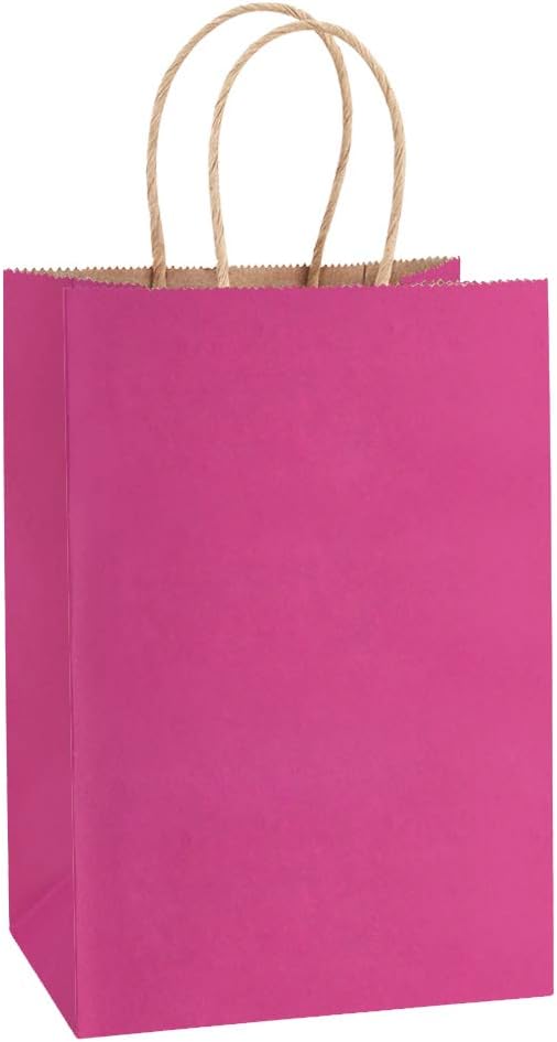BagDream Small Gift Bags 25Pcs 5.25x3x8 Hot Pink Paper Bags with Handles, Kraft Pink Paper Sacks for Small Gifts, Birthday, Wedding Party Favor, Retail, Merchandise