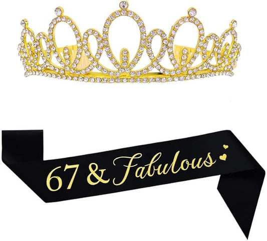 Happy 67th Birthday Tiara and Sash Gifts Crystal Rhinestone Princess Crown Birthday Women Party Favor Supplies Gold Crowns Black Sash